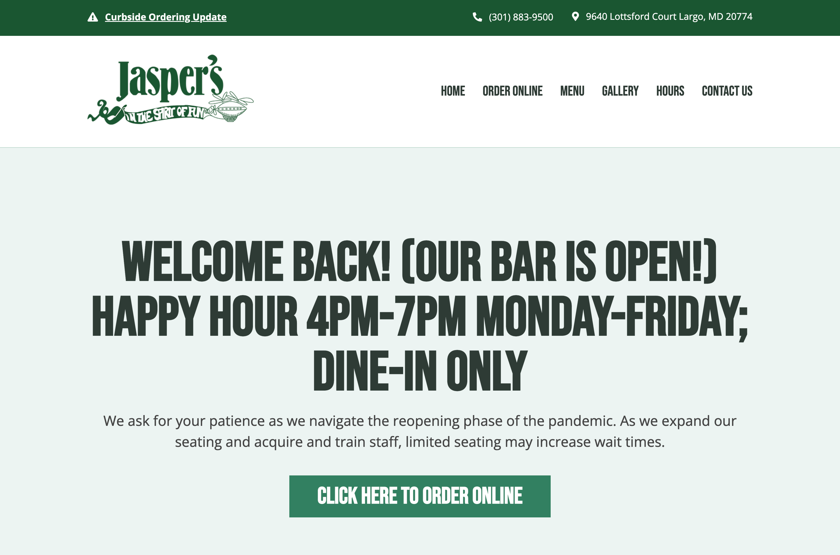 Jasper's Restaurant's new homepage